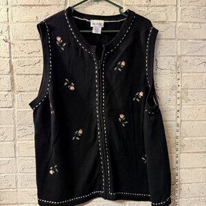 Vintage Blair 3XL Black Sweater Vest Floral Embroidered Knit Zip Front Ramie Cot